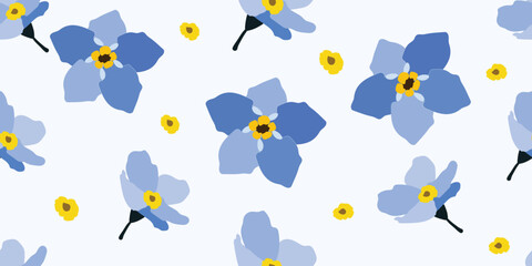 Hand drawn flowers, seamless patterns with floral for fabric, textiles, clothing, wrapping paper, cover, banner, home decor, abstract backgrounds. Vector illustration.Blue flowers.