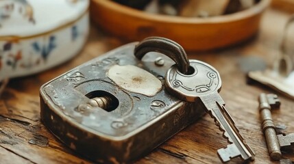 Antique Padlock and Key on Wood