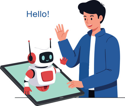 Human waving hand greeting robot emerging from tablet screen technology interaction vector 