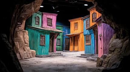 Pastel Colored Desert Village Scene Viewed from Cave Entrance