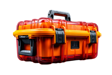 Sturdy orange plastic tool carrier with secure latches and visible compartments, angled perspective, realistic detail, transparent to transparent background