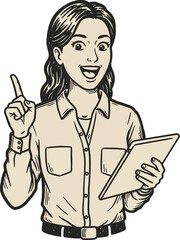 Woman holding digital tablet and pointing finger with happy expression vector illustration in sketch style 