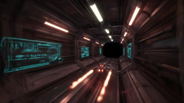 Hyper realistic spaceship flying through an illuminated futuristic sci-fi tunnel. Digital journey in cyber space. Virtual reality simulation footage.