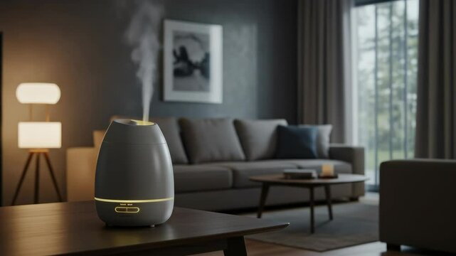 Aroma diffuser producing mist on a table, creating a cozy and relaxing atmosphere indoors. Home interior footage.