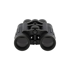 Compact black binoculars with grip texture and lenses facing front, placed on plain white