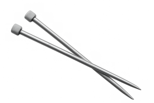 Metal knitting needles crossing each other on a transparent background, ready for creating handcrafted textiles