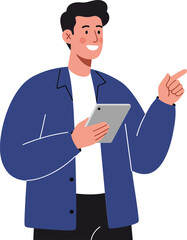 Young man using tablet device pointing with thumb wearing blue shirt and white t shirt vector illustration 
