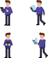 Young man using tablet and smartphone in different poses vector illustration on orange background 