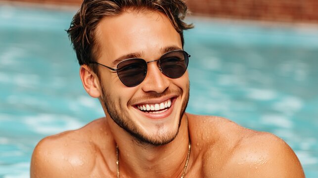 A smiling young man with sunglasses relaxing in an infinity pool on a sunny day
