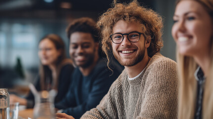 Smiling interns working together in a collaborative office setting, diverse young group enjoying teamwork and positive learning environment during internship training