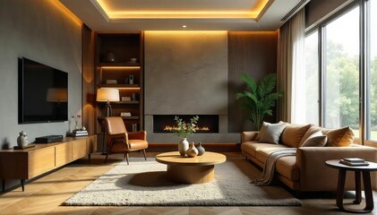 Cozy and inviting living room interior with comfortable furniture, warm lighting, and stylish decor  Perfect for relaxation and entertainment ,  entertainment center,  inviting