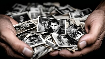 Hands hold a collection of black-and-white photographs, emphasizing nostalgia and memory preservation
