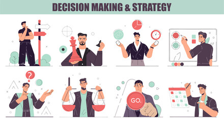 A dynamic set of illustrations depicting the multifaceted process of decision-making and strategy, featuring individuals navigating choices, planning, problem-solving, and executing plans.