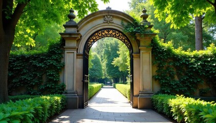 Elegant, arched gate entrance with intricate ironwork detail, leading to a lush, green garden Perfect for architectural, design, or landscaping projects , architecture, design, craftsmanship