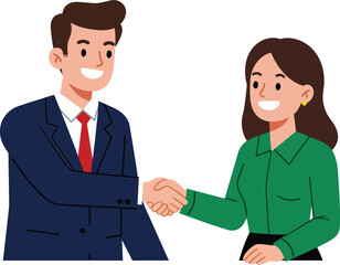 Businessman and businesswoman shaking hands in agreement on orange background vector illustration 