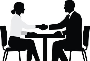 Obraz premium Business professionals shaking hands over table in red background vector illustration of partnership and agreement
