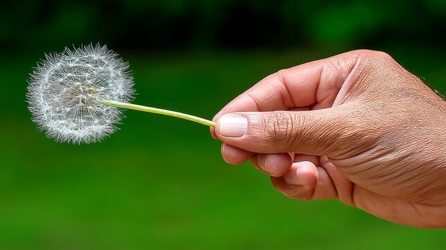 Hand holding a dandelion seed head against a blurred green background - Powered by Adobe