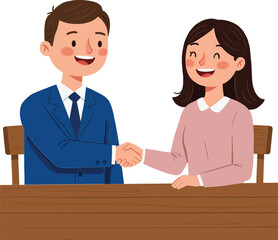 Fototapeta premium Man and woman shaking hands in friendly business meeting at wooden table with blue background natural interaction vector illustration 
