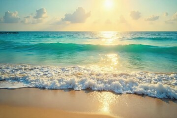 Obraz premium Golden hour sunlight bathes a tranquil, turquoise sea Gentle waves lap the shore, creating a serene summer scene Perfect for travel, vacation, or relaxation themes , escape, element, beach
