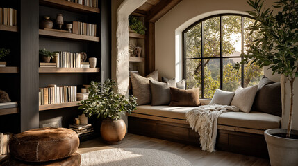 Serene Reading Nook: A cozy reading nook bathed in natural light, with a built-in window seat overlooking a lush landscape, complete with bookshelves filled with books. 