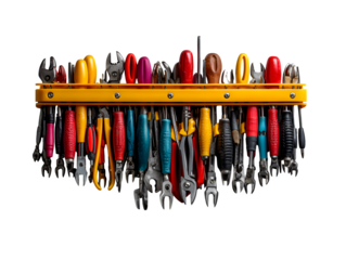 A suspended magnetic strip with tools like pliers, scissors, and hex keys perfectly aligned in mid-air, floating above a white studio background, cut out to transparent background