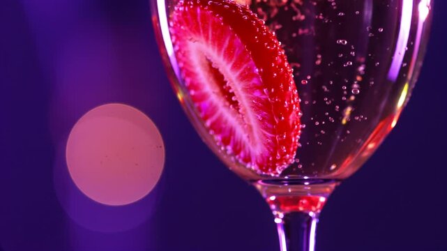 Champagne Glass Strawberry Swirl. Close-up video of golden liquid, red slice, active bubbles. Celebration, luxury, refreshing beverage. Ads, festive content, events, social media  