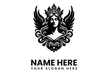 Elegant black and white emblem of a winged woman wearing a crown, surrounded by ornate floral designs.