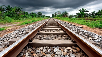 Naklejka premium Railway tracks extend into the distance under a cloudy sky, surrounded by lush green vegetation
