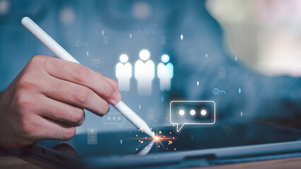 Human Resources Management ,customer reviews, document sharing, and communication bubbles, symbolizing efficient digital transformation in HR, talent acquisition, and employee engagement.
