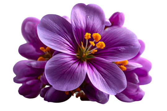 Blooming purple wildflower with delicate petals, close-up centered on white background, isolated to transparent background