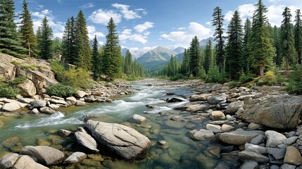 Obraz premium Serene mountain river flowing through lush green forest under a bright blue sky