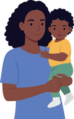 Fototapeta premium Mother holding toddler child illustration with blue and yellow clothing vector design 