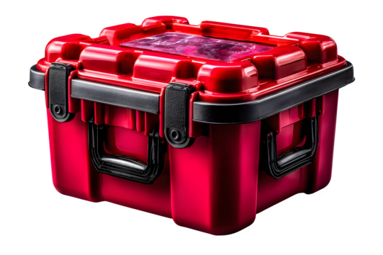 Bright red utility storage container with reinforced lid, designed for general-purpose transport, studio cutout on clean plane, transparent to transparent background
