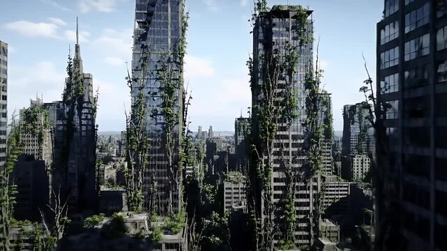 Overgrown skyscrapers in a post apocalyptic cityscape high angle view of nature overtaken structures