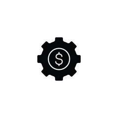 Black and white icon depicting a gear with a dollar sign, symbolizing financial mechanism.