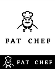 A minimalist black and white fat chef logo design with a chef hat and mustache