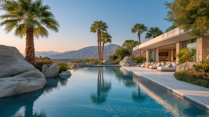 Fototapeta premium Luxury Oasis with Pool: A breathtaking architectural masterpiece, complete with a stunning pool, elegant lounge area, and towering palm trees set against the backdrop of majestic mountains.