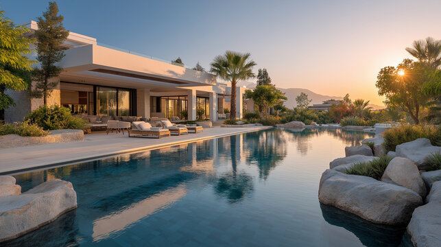 Serene Luxury Villa: A stunning luxury villa basks in the warm glow of dawn, with a crystal-clear pool mirroring the clear sky and a vibrant landscape. Experience the epitome of elegance, serenity.