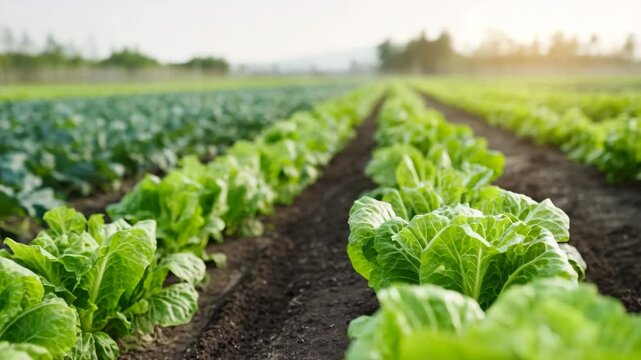 lush organic farm with rows of healthy vegetables and fruits growing in rich soil