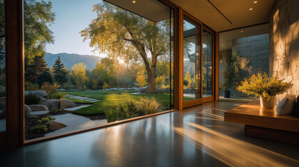 A light-filled interior room with a wooden floor and a large glass window or balcony door offers a luxury view of the home garden at sunset