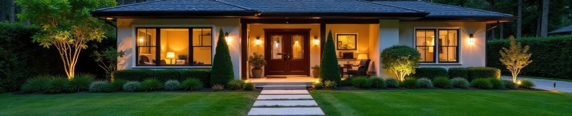 Stunning curb appeal transformation! A modern landscape design featuring lush greenery, stone pathways, and elegant outdoor lighting creates a welcoming home exterior , plants, front yard