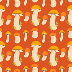 Mushrooms seamless pattern. Autumn isolated mushrooms on red background. Square repeat pattern flat design for fall season.