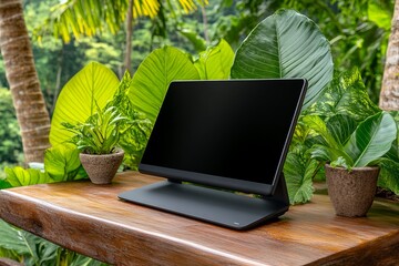 Blank mockup for menu board display screen on a wooden table with lush green plants in the background