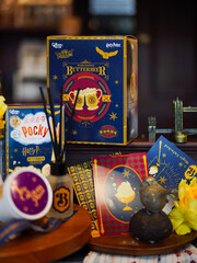 Fototapeta premium BKK-Jun 22,2025 : Pocky in Butterbeer flavour. A Glico Pocky Limited Edition - Harry Potter Butterbeer Flavor 40g. Experience the magic of Butterbeer non-alcohol! Exclusive Harry Potter collaboration