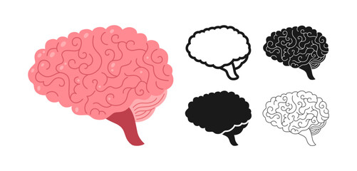 Human brain symbol set. Mind symbol concept on white background. Drawing human brain for medical, neuroscience, educational or tech, or for children simple style sign design vector illustration