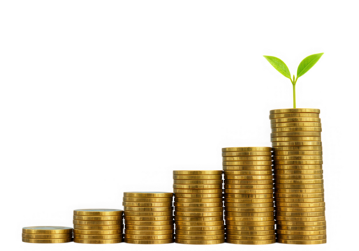 Stacks of golden coins with plant growing isolated on transparent background
