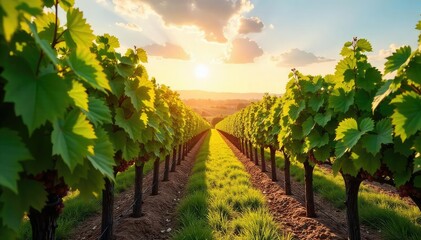 Sun-drenched rows of grapevines stretching to the horizon, lush green leaves and ripening fruit ready for harvest A picturesque vineyard scene at a family-owned winery , nature, scenic, sun