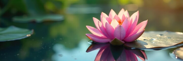 Serene water lily floating on calm, tranquil water Sunlight glints on the petals, creating a peaceful and relaxing scene perfect for meditation or spa imagery , landscape, zen, texture