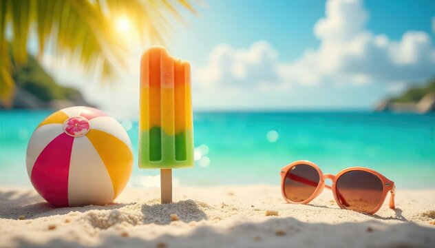A vibrant summer scene featuring a refreshing popsicle melting in the sun, next to a beach ball and sunglasses, symbolizing carefree summer days , colorful, sun, holiday