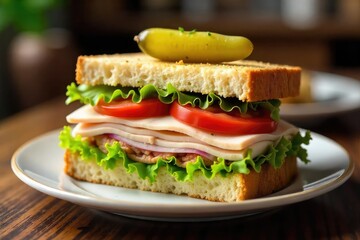 A classic deli turkey sandwich on rye bread with lettuce, tomato, and onion Perfect for lunch or a quick bite Served on a plate with a pickle garnish , cutlery, gourmet, plate
